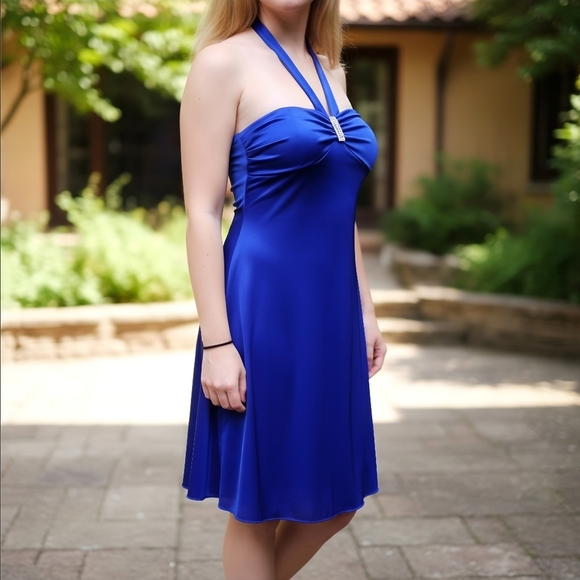 B. Wear Too ✦ Blue Halter Mini Dress ✦ Crystal Accent w/ Satin Glow & Ruffle Hem - Picture 1 of 13